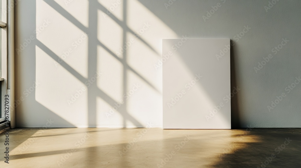 Aufkleber Textured canvas leans against a white wall, highlighted by angular sunlight entering through a half-open window, emphasizing light and shadow dynamics