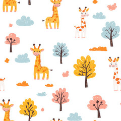 Adorable giraffes with colorful spots in playful forest pattern, Cute Textile Seamless Pattern Background