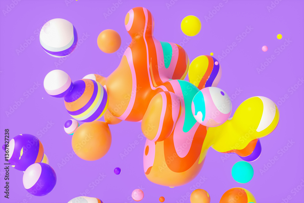 Aufkleber Abstract 3d art background with colorful marble spheres floating. liquid blobs. soap bubbles.
