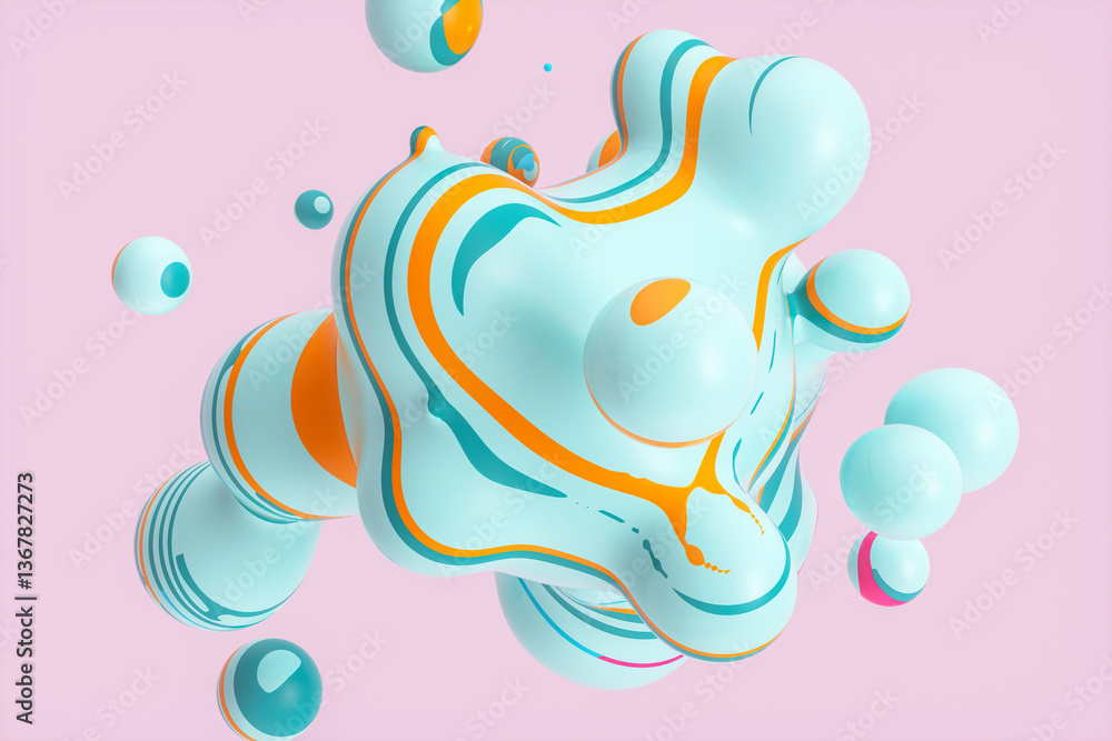 Aufkleber Abstract 3d art background with colorful marble spheres floating. liquid blobs. soap bubbles.