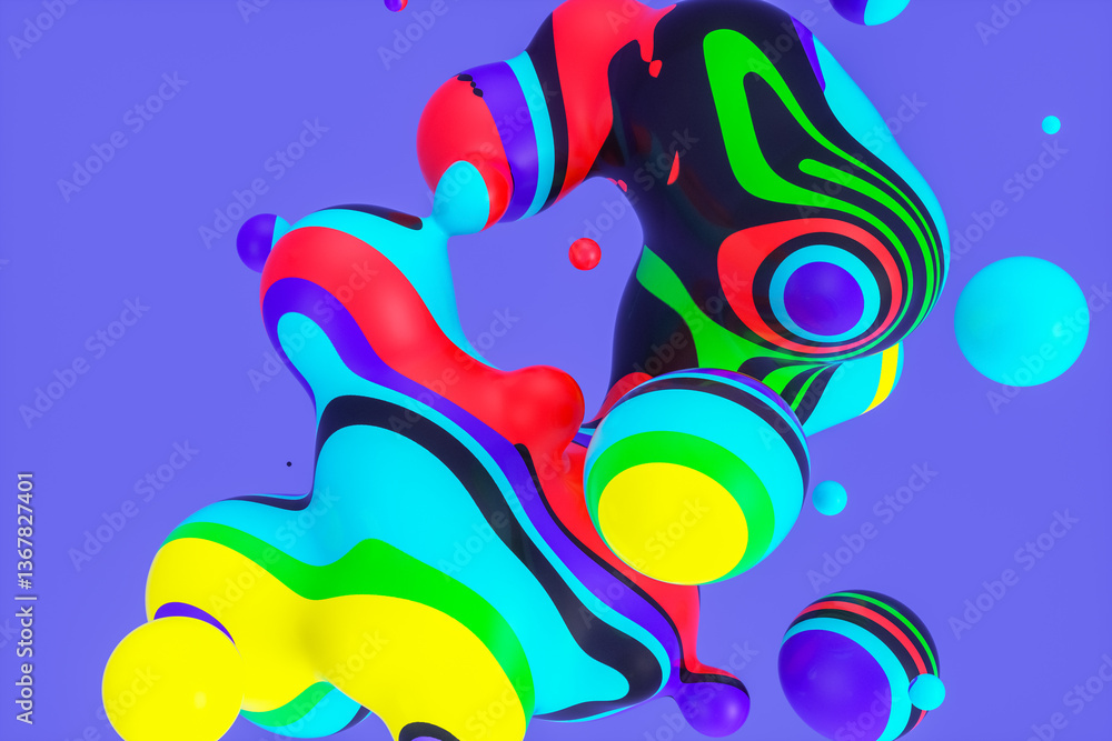 Fototapete Abstract 3d art background with colorful marble spheres floating. liquid blobs. soap bubbles.