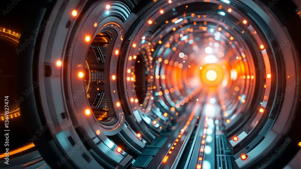 Poster futuristic scifi tunnel with pulsating neon lights and surreal patterns in motion