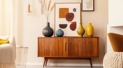 A meticulously curated interior showcases a wooden credenza adorned with stylish vases and a captivating piece of abstract art.