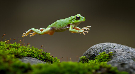 Obraz premium Dynamic green frog leaping powerfully over a mossy stone, showcasing nature and agility
