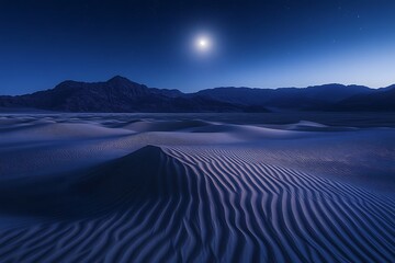 A moonlit desert with towering sand dunes under a clear night sky, showcasing the quiet majesty of the landscape