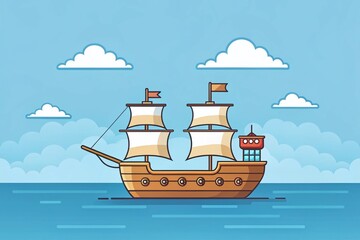Minimalist Cartoon Pirate Ship Sailing on a Simple Ocean Background
