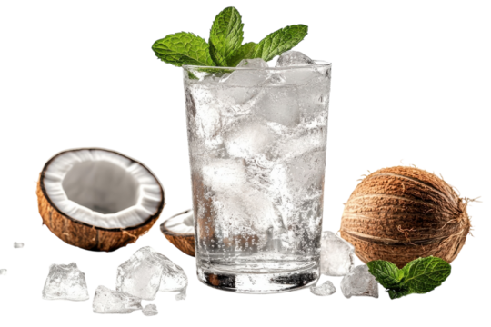 Refreshing Iced Coconut Water With Mint, A Delightful Summer Drink Perfectly Chilled In A Glass With Ice Cubes And Fresh Coconut Halves Isolated on Transparent Background