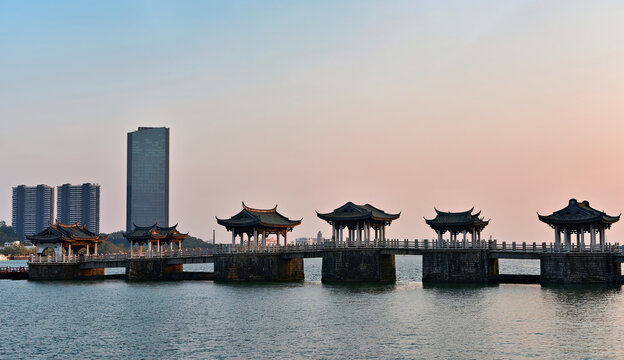 The pavilions of Guangji Bridge, built in 1170, one of China's four famous ancient bridges, Chaozhou, Guangdong province