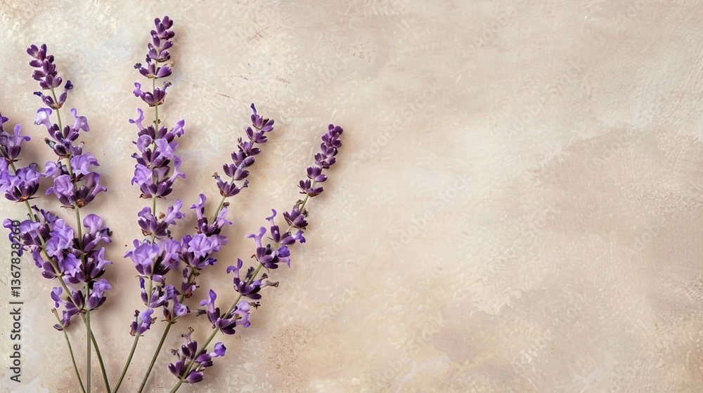 Aufkleber single lavender twigs with lilac flowers lie in a row on a beige vintage background with free space for text insertion