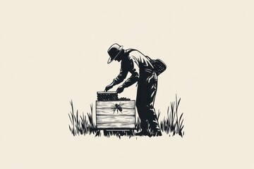 Minimalist Beekeeper Logo Black and White Illustration of Apiarist at Work
