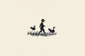 Minimalist Black and White Illustration Boy Herding Geese
