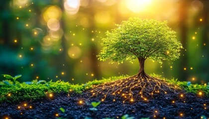 Magical Green Tree with Glowing Neuron Network Roots, Concept of Nature, Life, and Technology.