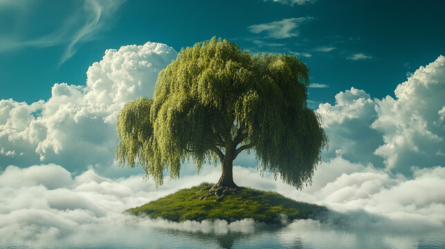 Weeping willow tree on small island in cloudscape, serene scene evokes peace and tranquility, representing serenity, hope, and nature's beauty