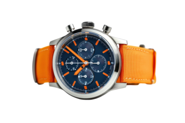 A Bold Chronograph Watch, Showcasing A Vibrant Navy Blue Dial Accented With Striking Orange Details, Rests On A Comfortable Orange Fabric Strap, A Perfect Blend Of Sporty Elegance Isolated on Transpar