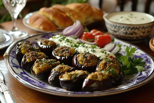 A plate of fattet makdous with stuffed eggplant and yogurt