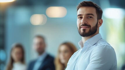 Fototapeta premium Engaging Businessman Presents Startup Project to Colleagues in Seminar