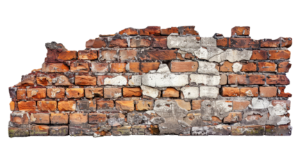 Old damaged brick wall with transparent background showing deterioration and crumbling plaster