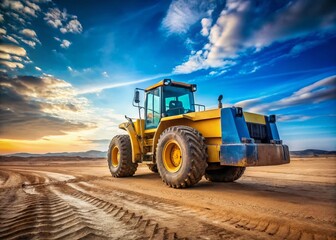 Fototapeta premium Minimalist Construction: Blue Yellow Machinery on Dirt Field