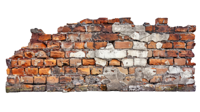 Old damaged brick wall with transparent background showing deterioration and crumbling plaster