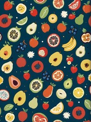 A colorful fruit pattern on a dark blue background