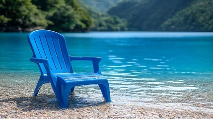 Blue plastic beach chair on shore