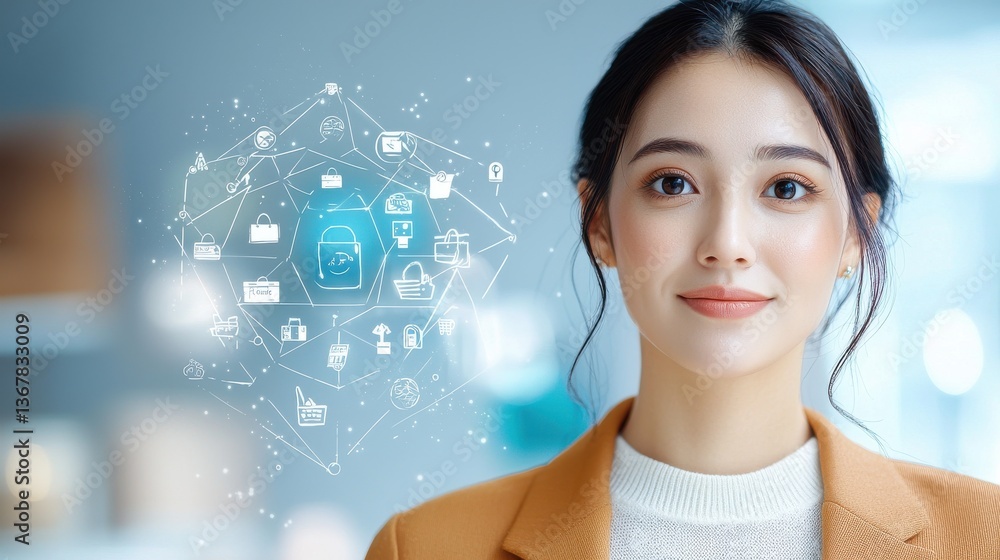 Poster smiling young asian woman with futuristic digital innovations and technology concepts including symb