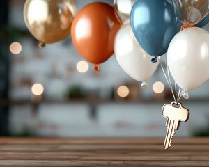 Vibrant and playful scene with colorful balloons and a hanging key creating a festive atmosphere perfect for celebrating a special occasion like a birthday anniversary or holiday party
