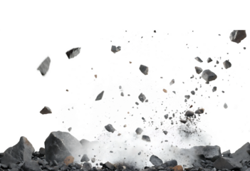 A illustration of the of rocks, dust, and debris falling. Outer space planet exploded. isolated on white background PNG. GENERATIVE AI