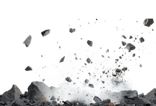 A illustration of the of rocks, dust, and debris falling. Outer space planet exploded. isolated on white background PNG. GENERATIVE AI