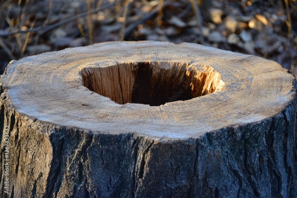 Poster tree stump close-up with hollow center in forest setting