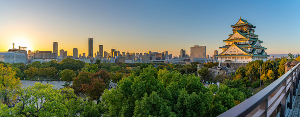 Elevated view of Osaka Castle (Osaka-jo) at sunset, Chuo Ward, Osaka, Honshu