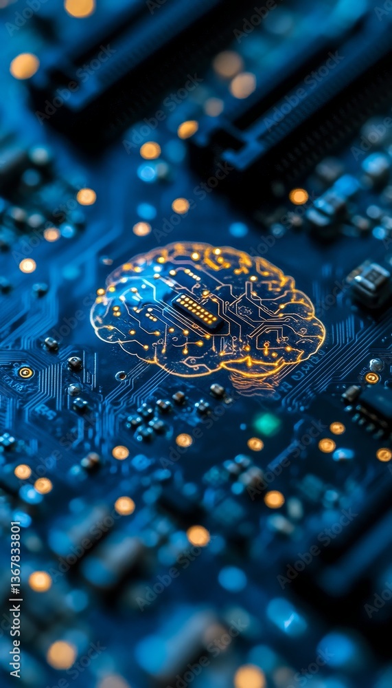 Poster artificial intelligence brain chip on futuristic motherboard, illuminated with soft diffused light