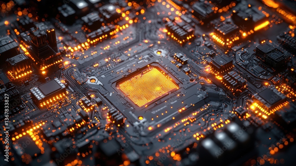 Poster closeup view of an intricate electronic circuit board with glowing orange and golden metallic microc