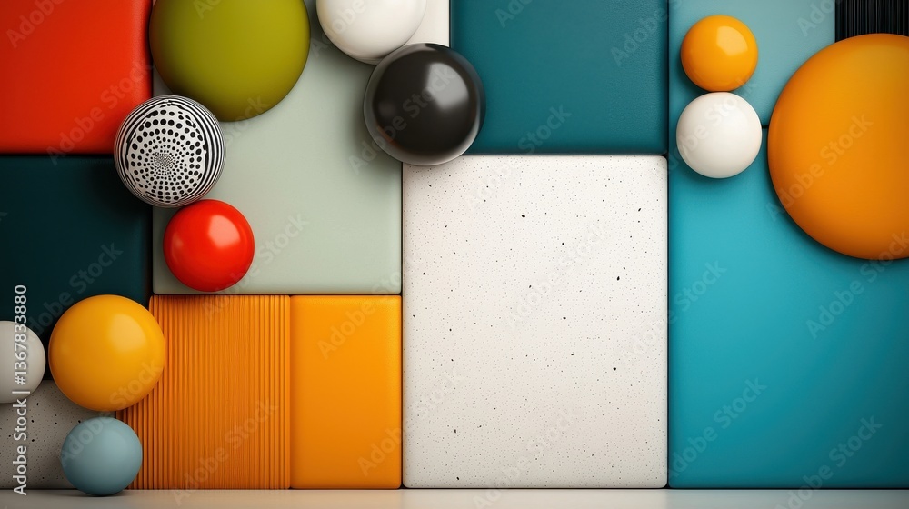 Poster vibrant abstract geometric shapes and balls arrangement on colorful backdrop minimalist modern compo