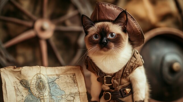 Vintage Cat Explorer with Antique Map