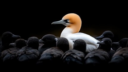 A white albatross stands prominently among a group of black birds, showcasing its vibrant colors against the dark backdrop
