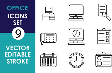 The image shows a set of 9 office-themed vector icons, including a desk, computer, document, telephone, clock, calendar, checklist, and magnifying glass