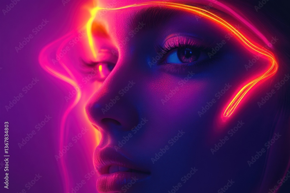 Poster creative portrait highlighting vivid neon colors and reflections in a dark setting
