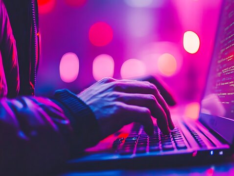 Hands typing on a laptop keyboard under vibrant colorful lights