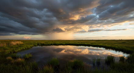 Scenic prairie pond reflects dramatic sky and cloud formations at sunset