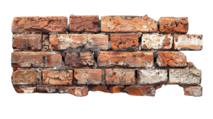 Old damaged brick wall with transparent background showing deterioration