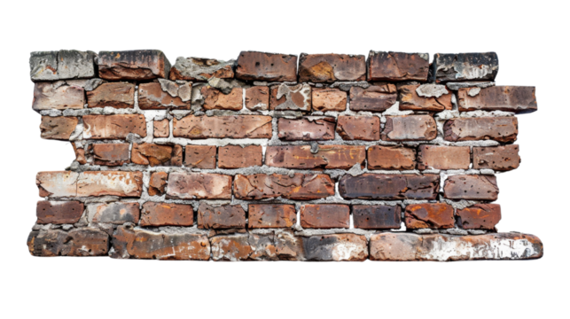Old damaged brick wall with transparent background showing deterioration