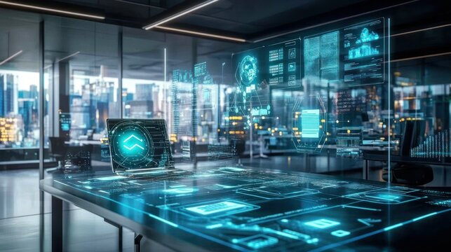 Futuristic office with digital interfaces and screens displaying data analysis.