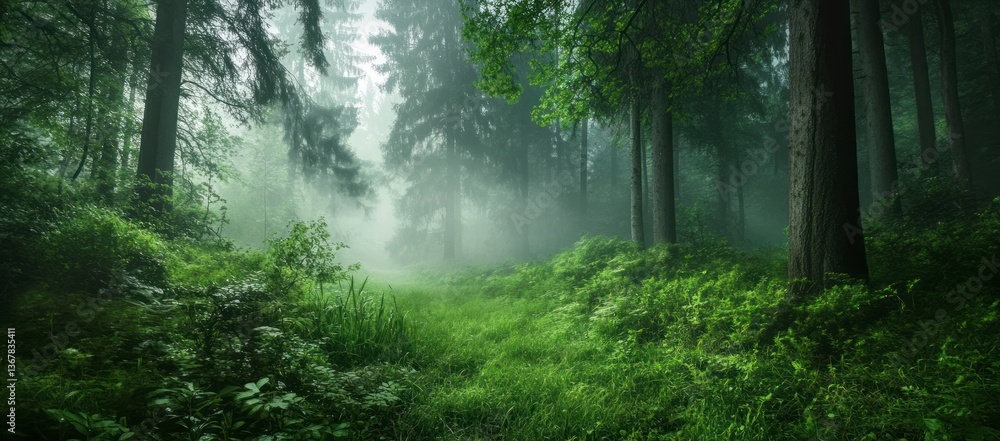 Poster walking through green forest with fog and path between the trees