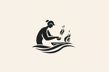 Minimalist Black and White Logo Chef Cooking Over Water