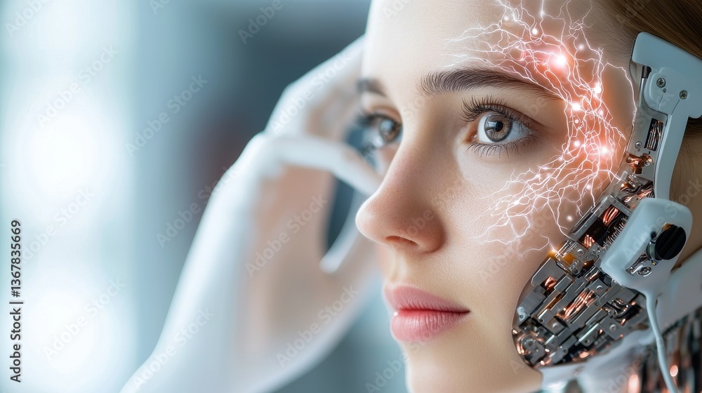 Poster closeup of a futuristic cyborg face with glowing neural circuits representing intelligence digital t