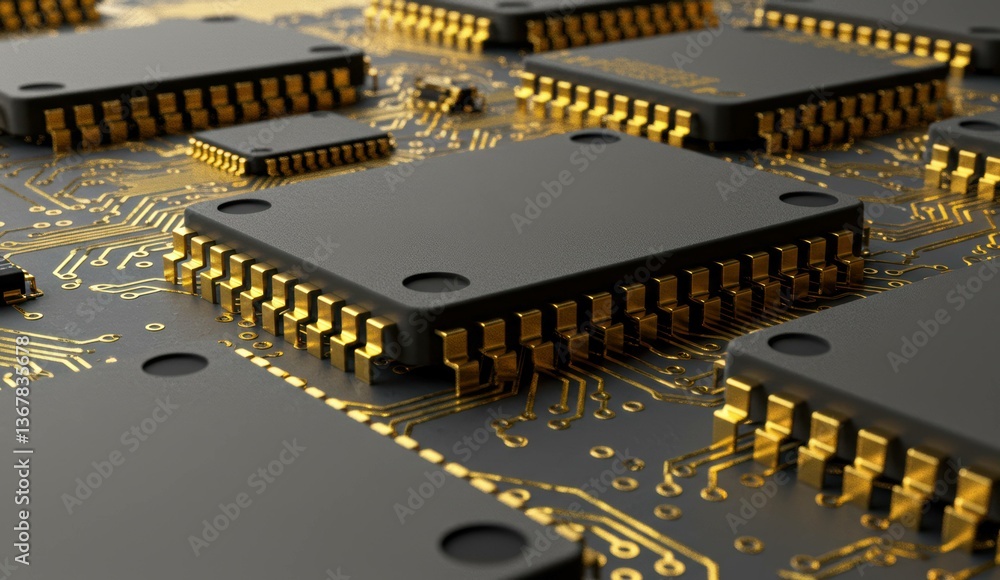Poster close-up of computer chips with gold connectors on circuit board showing technology components and e