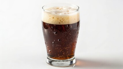 Glass of Cold Fizzy Root Beer with Foam on White Background, Refreshing Soft Drink
