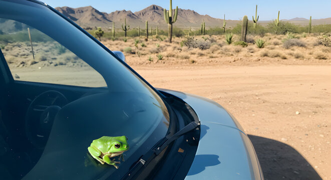 Unexpected hitchhiker: A green tree frog perches atop a car windshield in desert