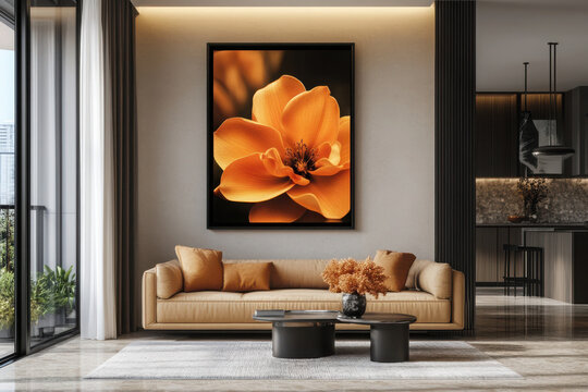 Single vertical ISO A0 frame mockup reflective glass mockup poster on the wall of living room Interior mockup Apartment background Modern interior design generative ai